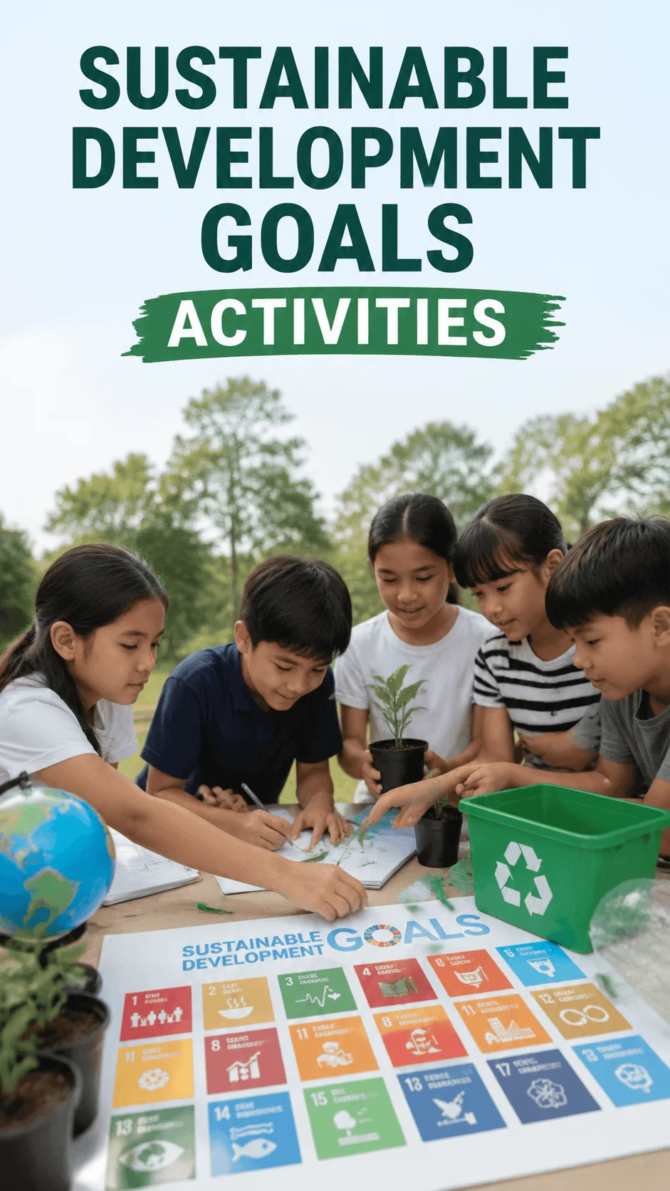 Children participating in a sustainable development goals activity outdoors with plants, recycling bin, world globe and SDG learning materials on a table