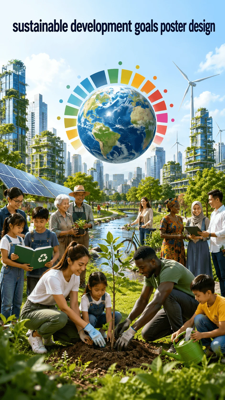 Sustainable development goals poster design showing a green city with renewable energy, Earth surrounded by SDG colors, diverse people planting trees, recycling, and protecting the environment