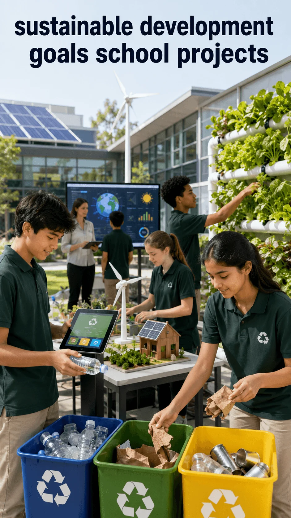 Students working on sustainable development goals school projects with recycling bins, renewable energy models, solar panels, vertical garden, and environmental technology in a green school setting