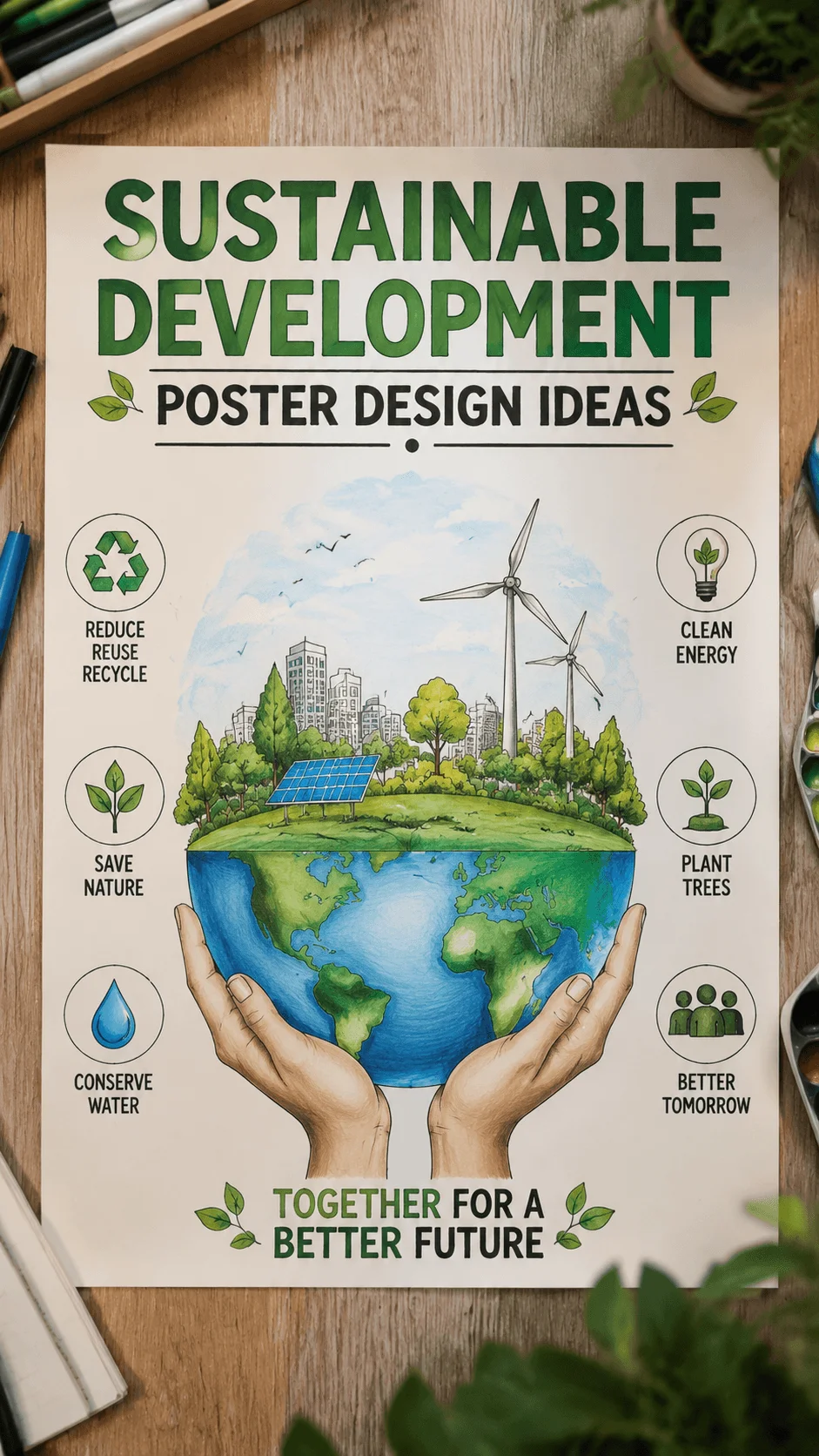 Sustainable development poster design featuring a green earth held by hands with renewable energy, trees, recycling symbols, water conservation, clean energy, and environmental protection concepts with the message together for a better future