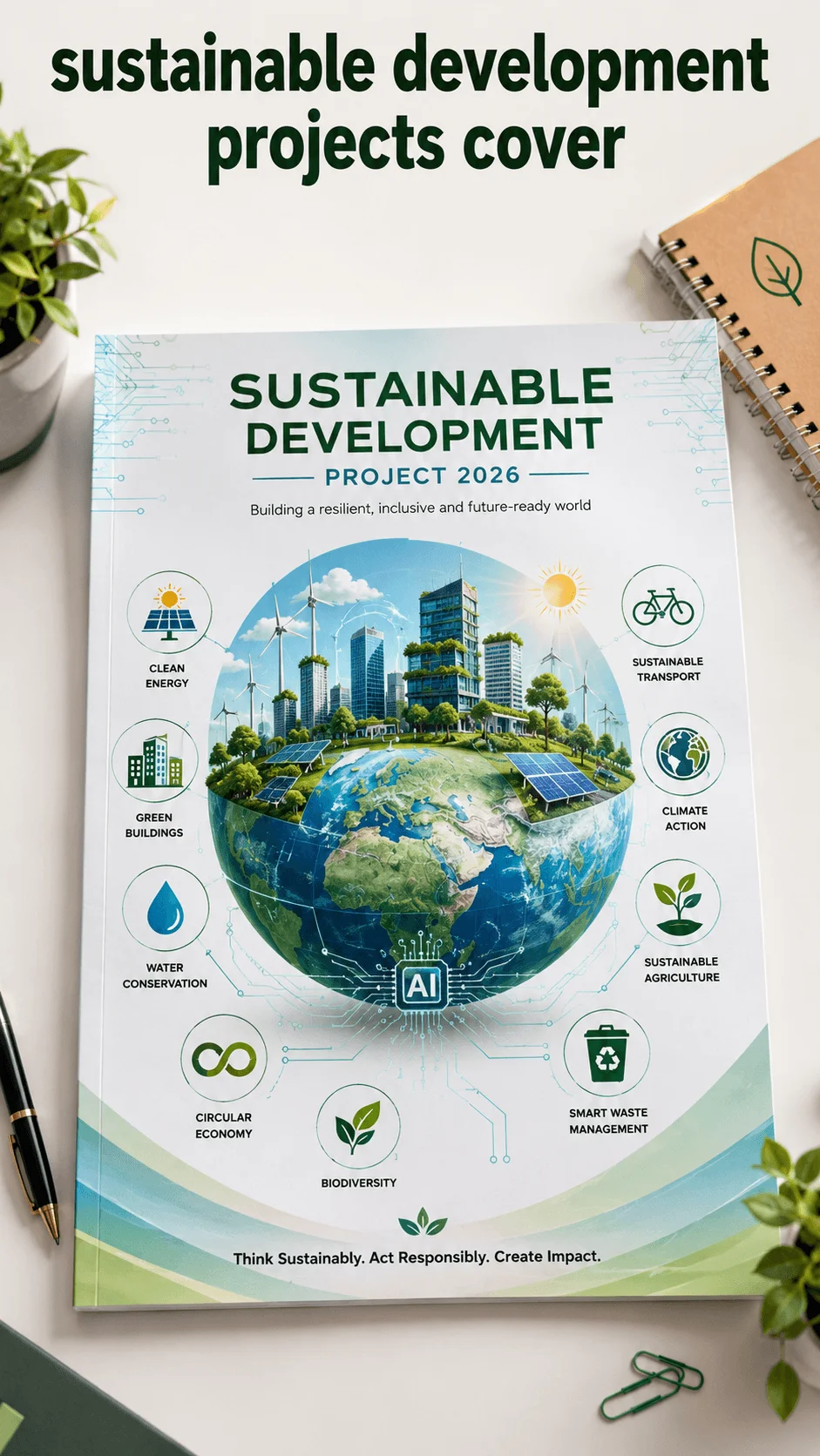 Sustainable development projects cover featuring a green city, renewable energy, solar panels, wind turbines, smart technology, circular economy, water conservation, biodiversity, sustainable transport, and climate action concepts around a globe design