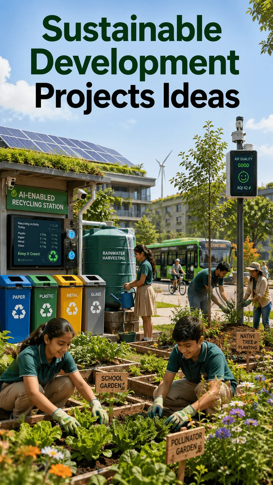 Sustainable development projects ideas cover showing students working in a green school garden with recycling stations, rainwater harvesting, solar panels, air quality monitoring, electric transport, and native tree planting initiatives in a sustainable urban environment