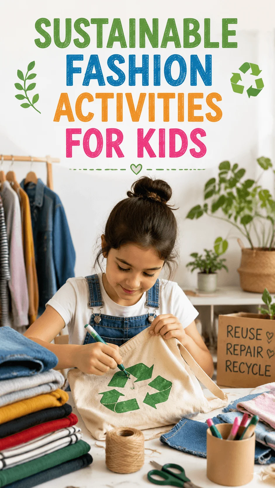 Child creating a sustainable fashion project by decorating a reusable fabric bag with recycling symbols surrounded by folded clothes and eco friendly craft materials