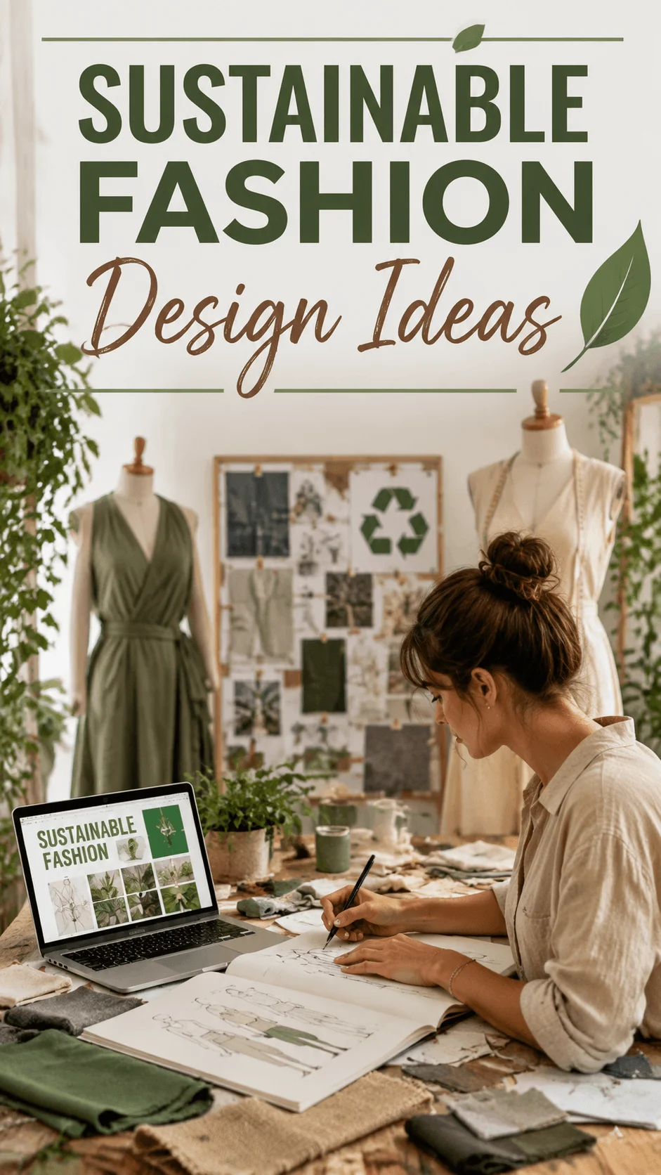 Sustainable fashion design ideas featuring a designer creating eco friendly clothing concepts in a studio with natural materials, green fabrics, mannequins, and sustainable fashion inspiration boards