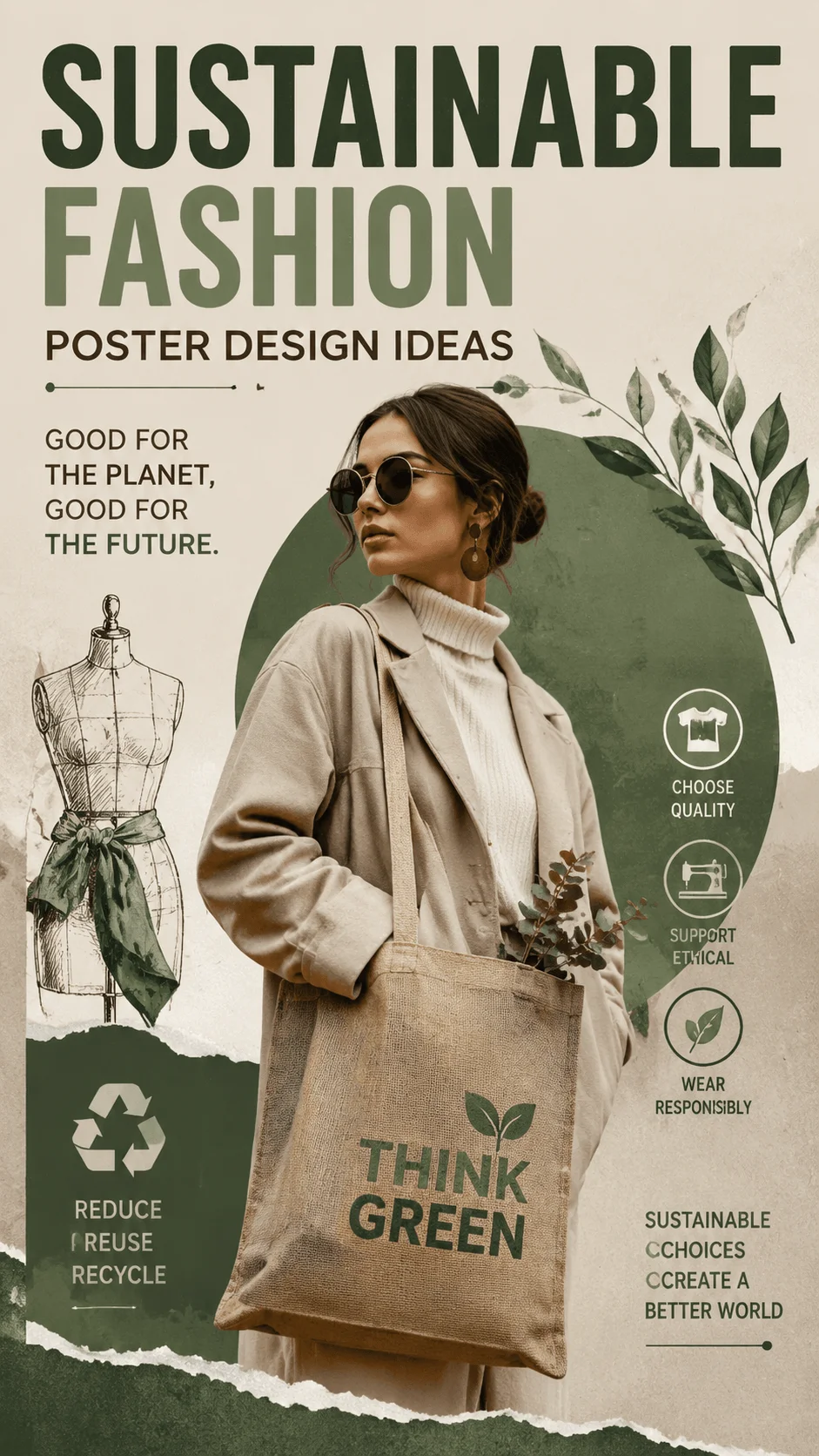 Sustainable fashion poster design featuring a woman wearing eco friendly clothing with a reusable green tote bag, botanical elements, recycling symbol, ethical fashion icons, and earthy green tones promoting responsible clothing choices and environmental awareness
