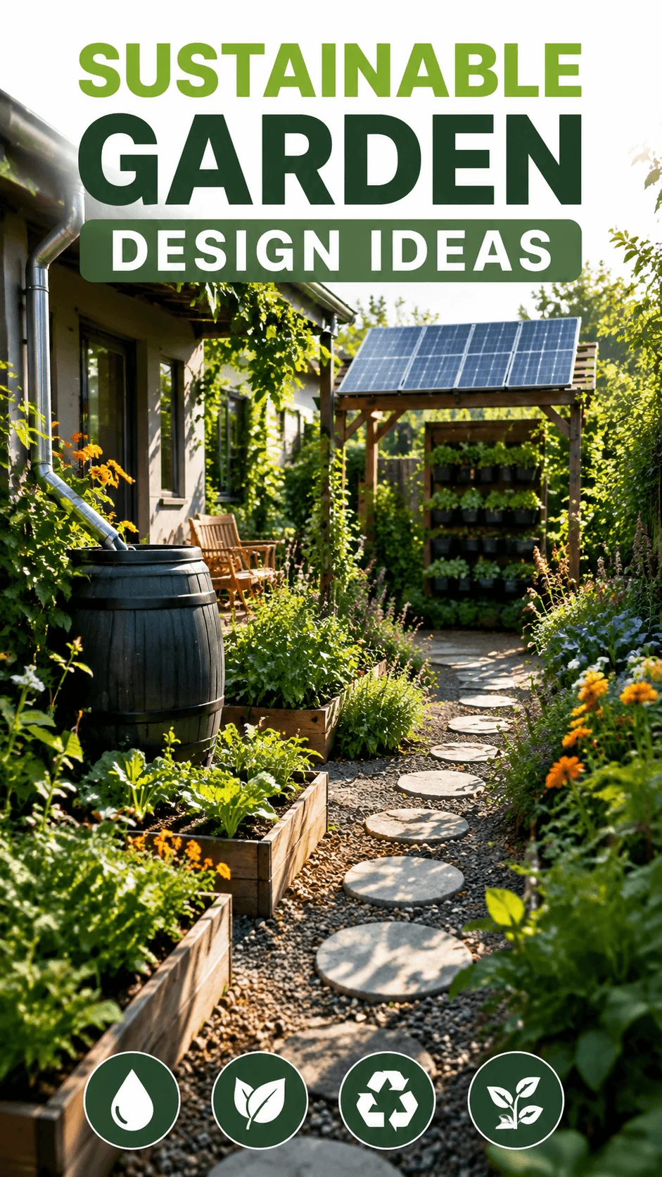 Sustainable garden design with raised vegetable beds rainwater harvesting barrel solar panels vertical garden and eco friendly backyard pathway surrounded by lush green plants and flowers