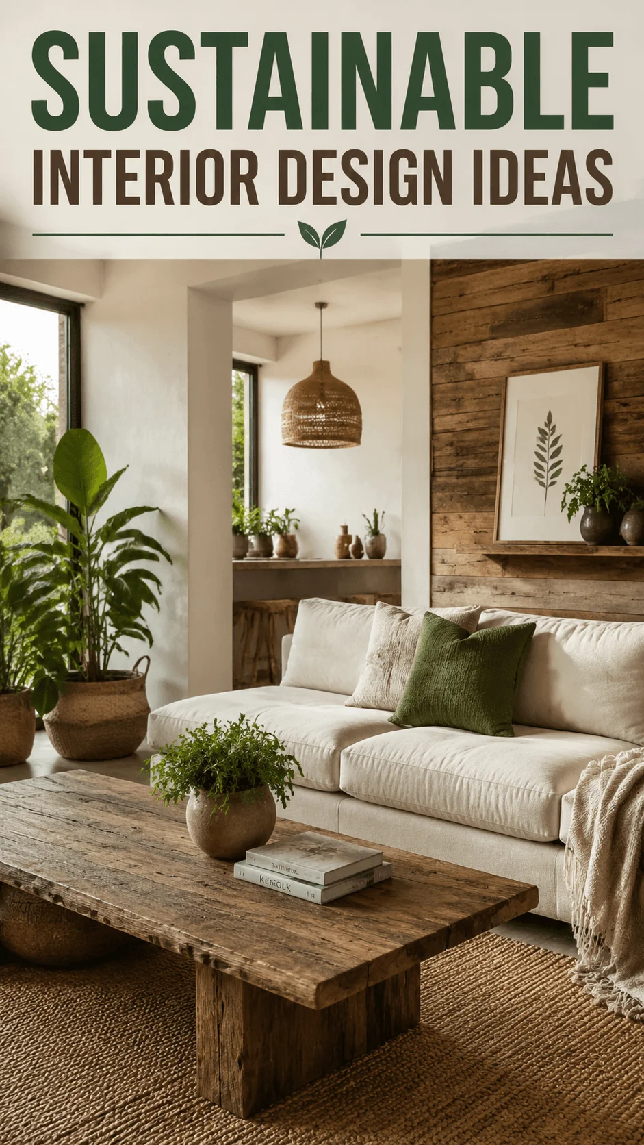 Sustainable interior design ideas featuring a natural living room with reclaimed wood wall, organic furniture, indoor plants, woven textures, and eco friendly decor elements