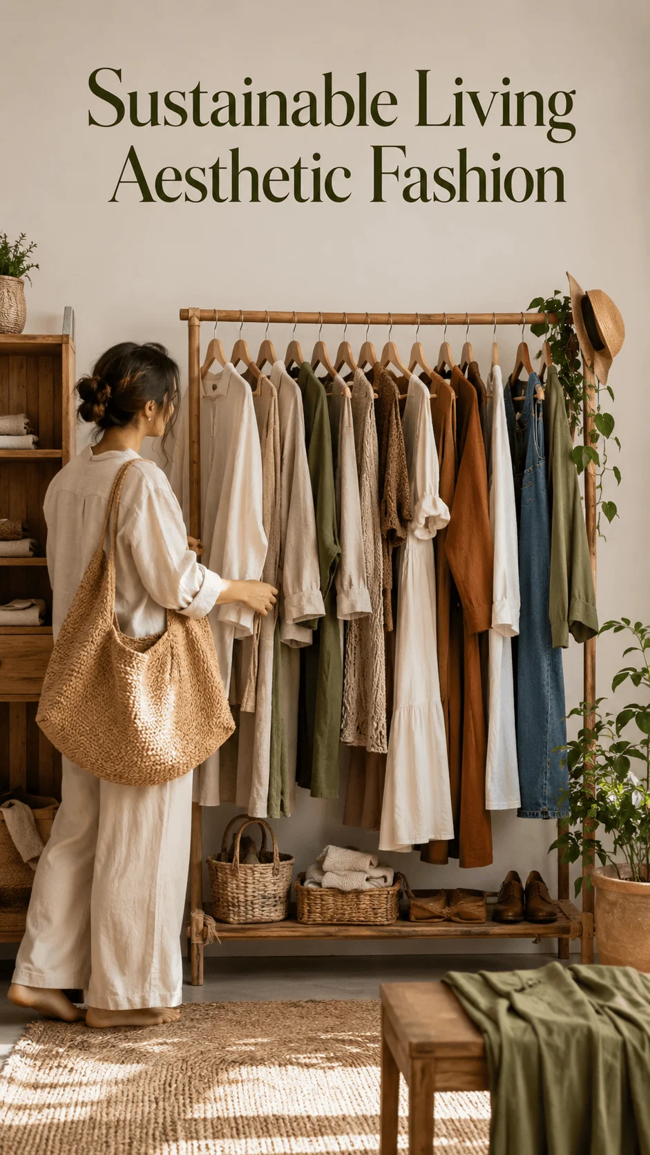 Sustainable living aesthetic fashion wardrobe with neutral organic clothing displayed on a bamboo rack and a person browsing eco friendly outfits in a minimalist natural room