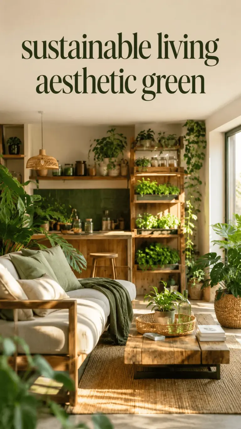 Sustainable living aesthetic green interior with natural wooden furniture, indoor plants, cozy seating area, and warm sunlight creating an eco friendly home atmosphere