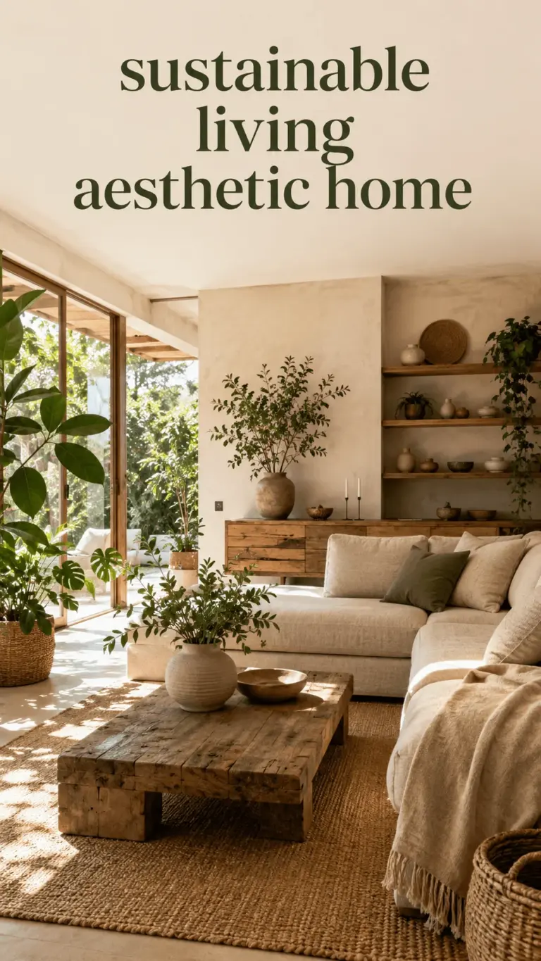 Sustainable living aesthetic home interior with natural materials, indoor plants, wooden furniture, cozy neutral tones, and a peaceful eco friendly living space filled with sunlight