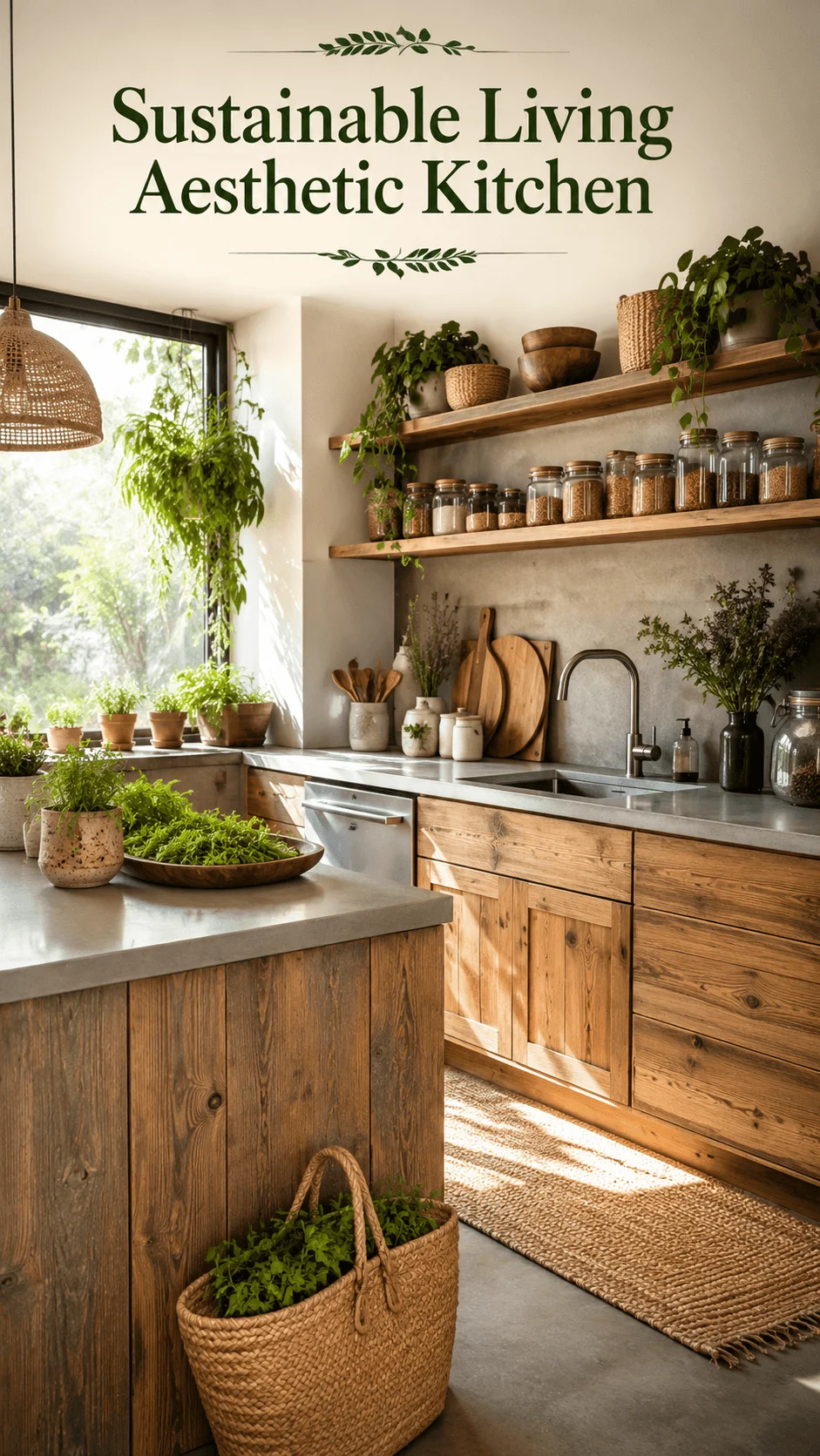 Sustainable living aesthetic kitchen with natural wood cabinets, open shelves, glass storage jars, indoor plants, herbs, woven baskets, and warm sunlight creating an eco friendly modern kitchen atmosphere