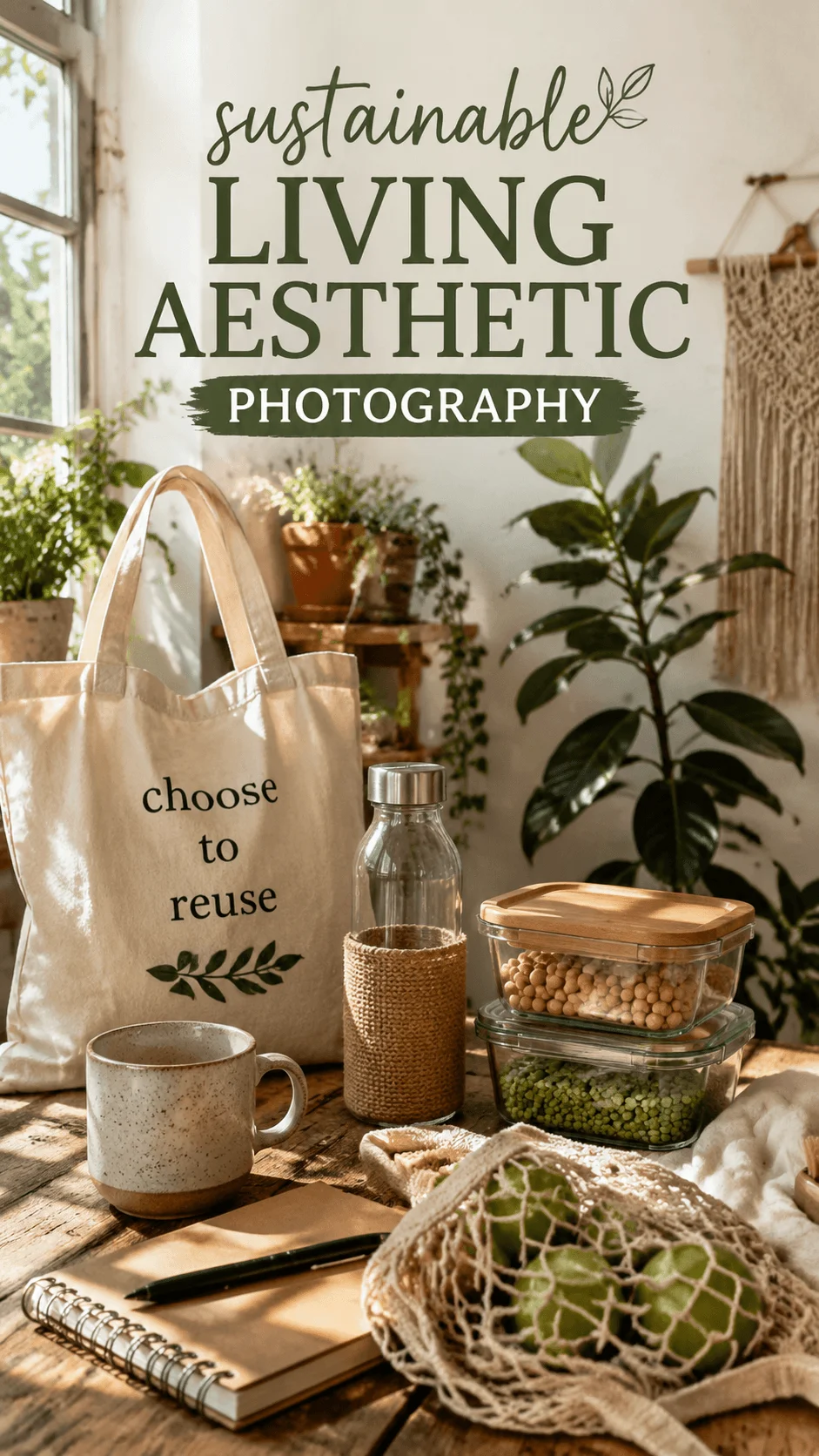 Sustainable living aesthetic photography featuring reusable eco friendly products, plants, glass containers, tote bag, natural materials, and a cozy earth toned home setting with the words sustainable living aesthetic photography.