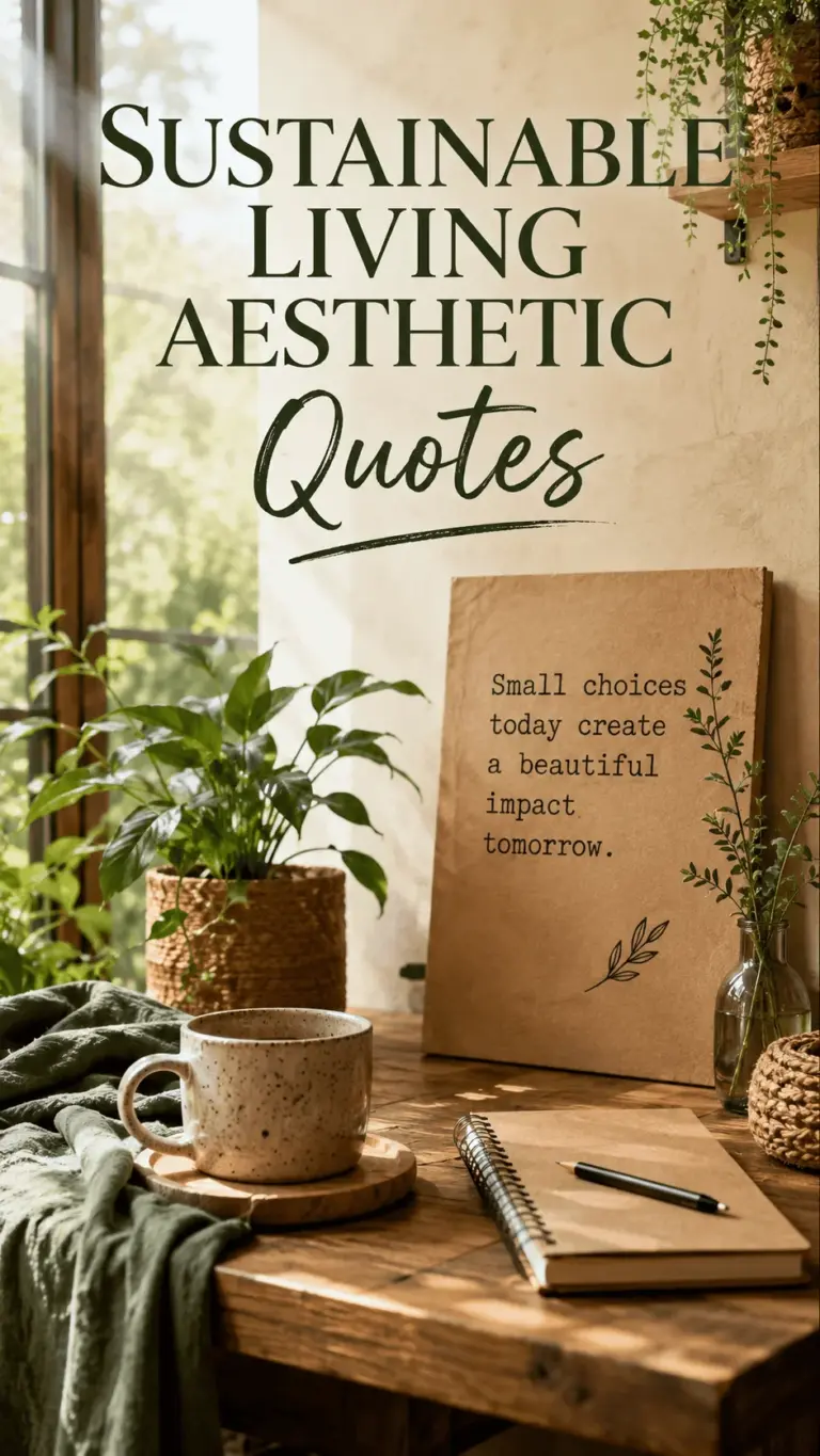 Sustainable living aesthetic quotes poster with plants ceramic mug notebook and natural wooden desk creating a peaceful eco friendly home atmosphere