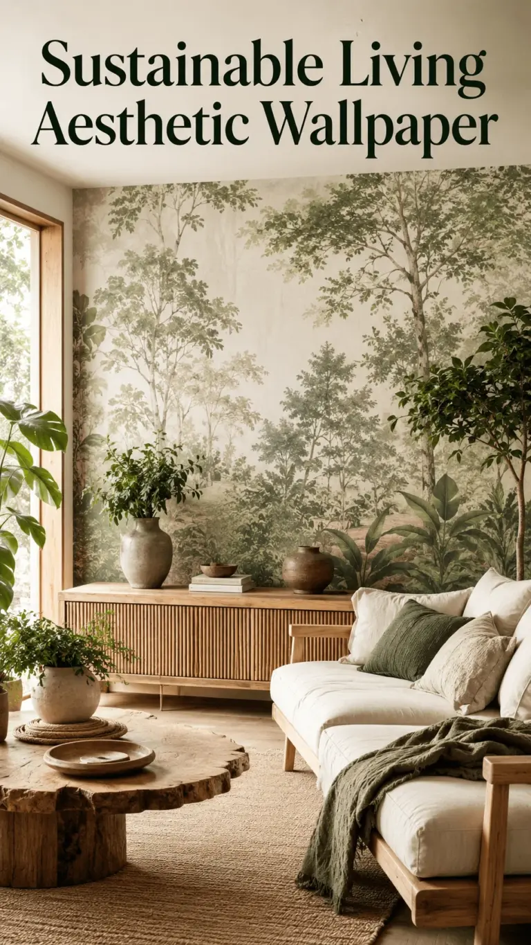 Sustainable living aesthetic wallpaper featuring a natural forest mural in a cozy eco friendly living room with wooden furniture plants and neutral earthy decor