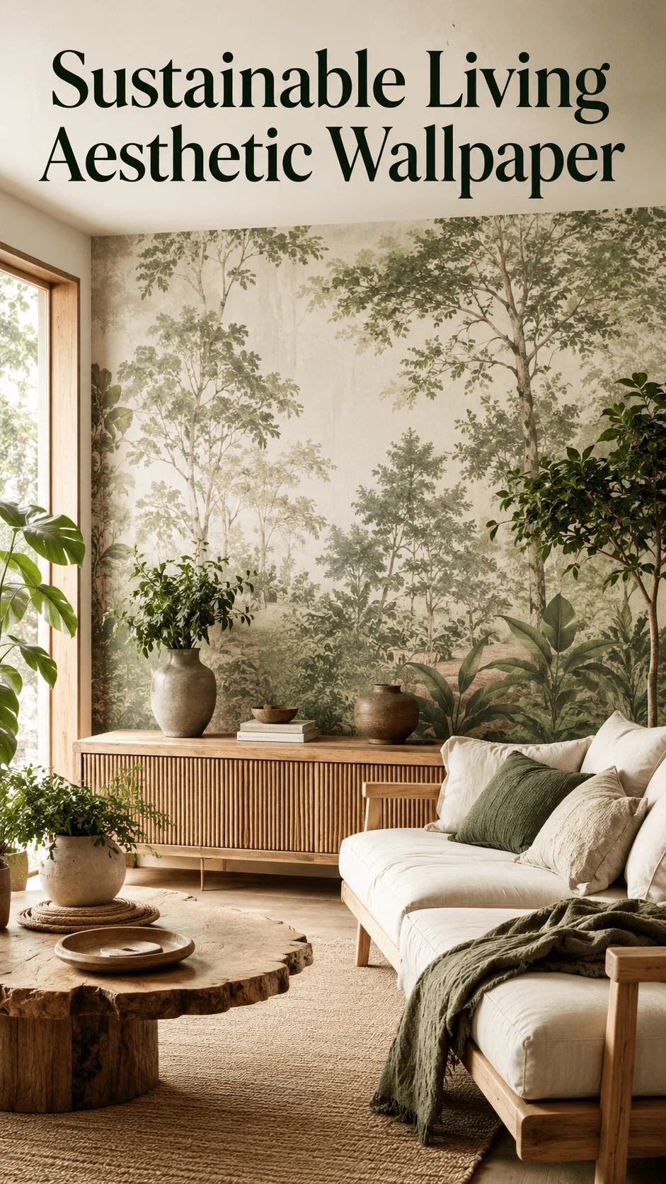 Sustainable living aesthetic wallpaper featuring a natural forest mural in a cozy eco friendly living room with wooden furniture plants and neutral earthy decor