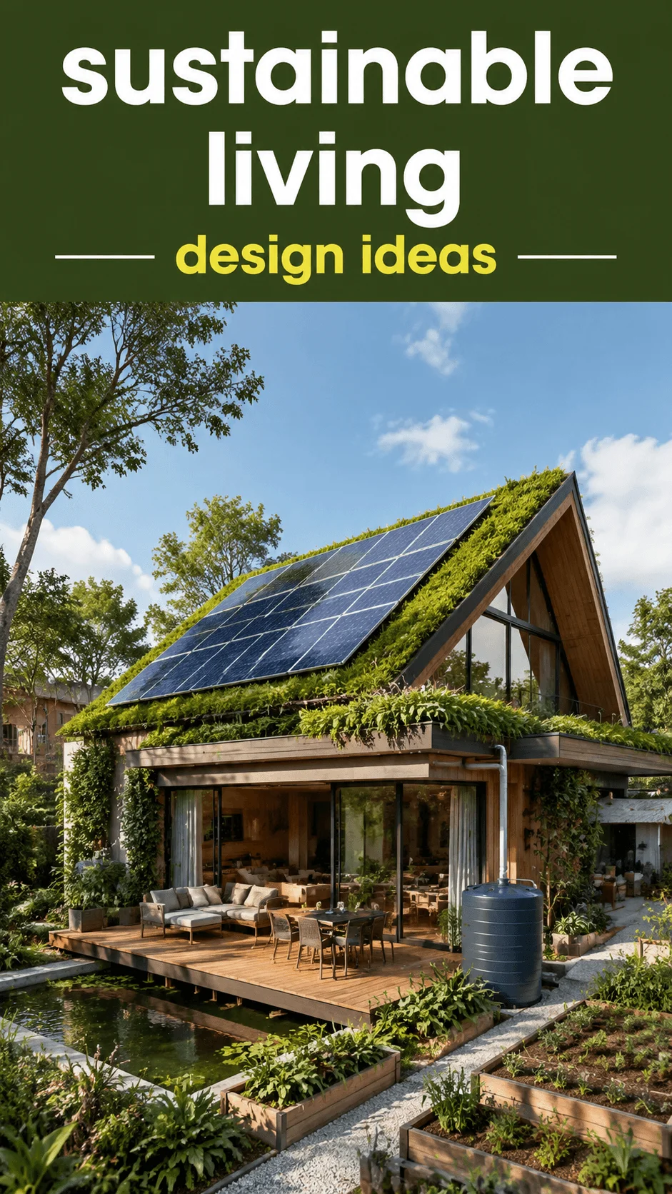 Modern sustainable home with solar panels green roof rainwater harvesting system and productive garden showcasing eco friendly living design ideas