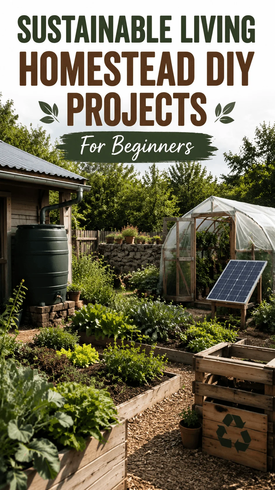 Sustainable living homestead DIY projects with vegetable garden rainwater harvesting system solar panel greenhouse and recycled wooden planters in a natural backyard setting