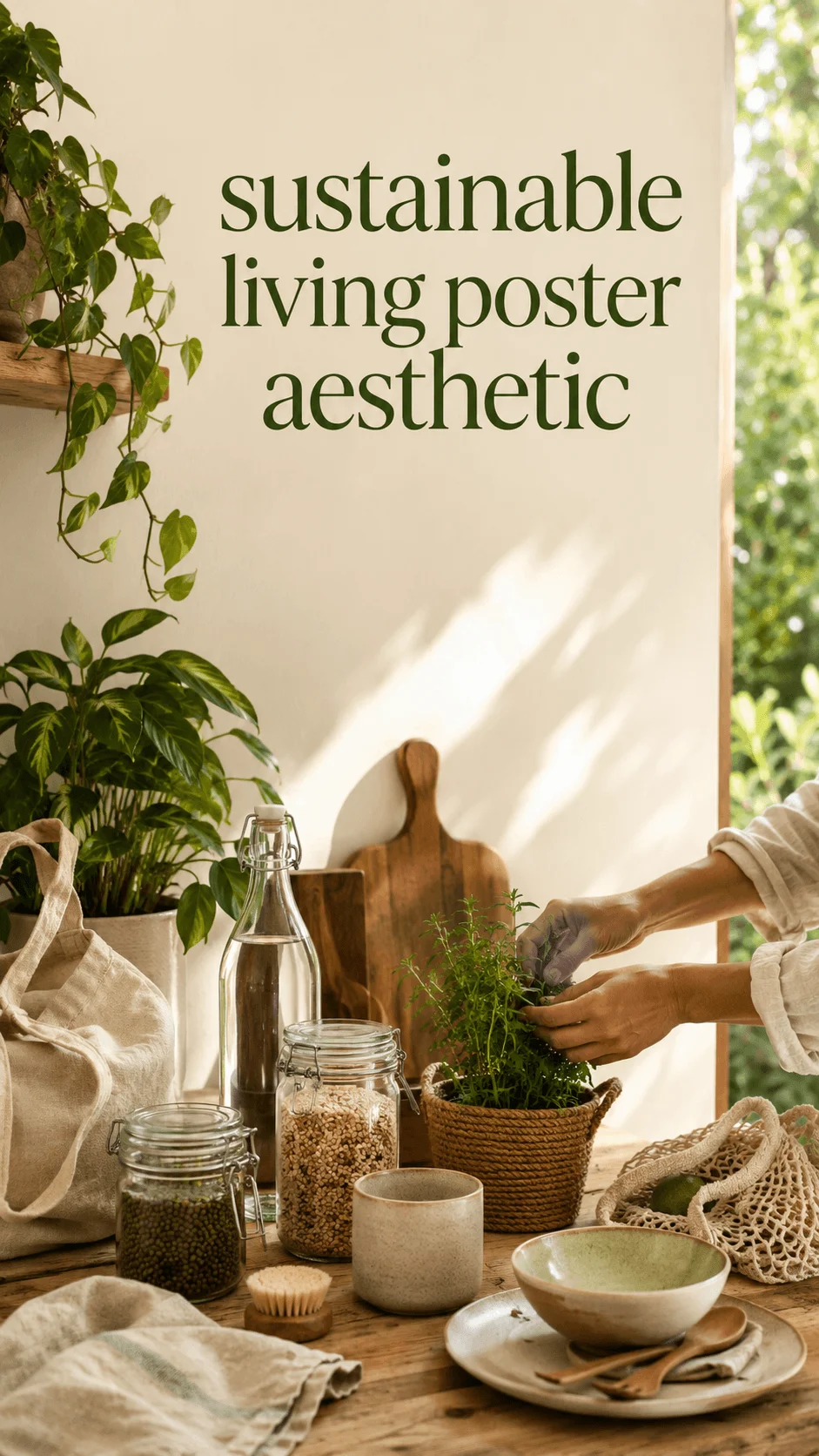 Sustainable living poster aesthetic featuring a cozy eco friendly kitchen space with indoor plants, reusable jars, natural materials, and hands caring for herbs in a warm sunlight setting