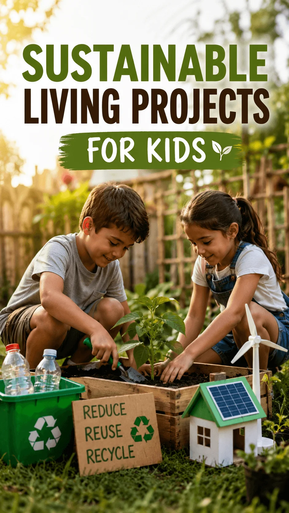 Children planting a garden with recycling materials and renewable energy models for a sustainable living project for kids