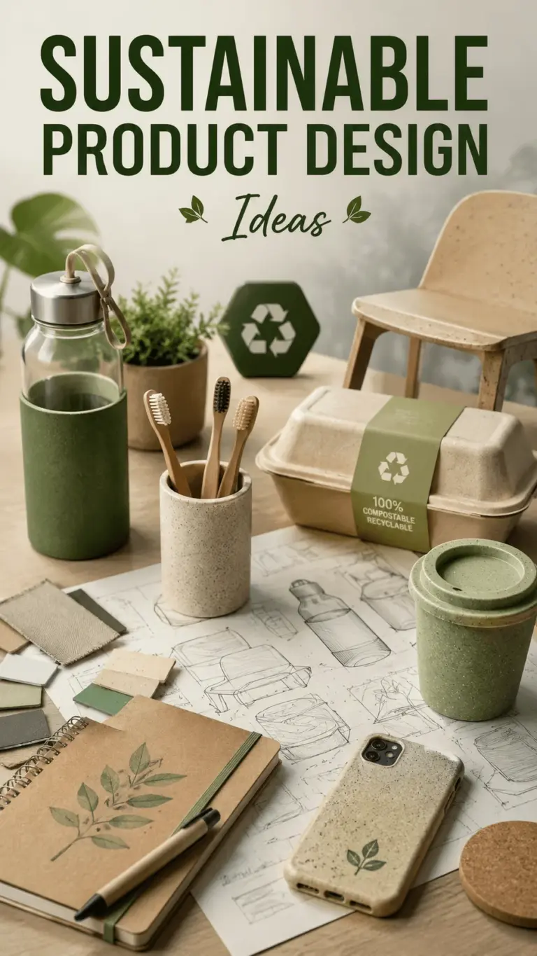 Sustainable product design ideas featuring eco friendly reusable products, biodegradable packaging, bamboo toothbrushes, recycled materials, green packaging concepts and modern sustainable design workspace