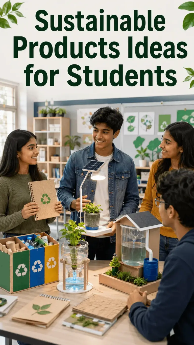 Students presenting sustainable product ideas in a classroom with recycled materials solar powered study lamp rainwater harvesting model recycling bins and eco friendly notebook for a science exhibition