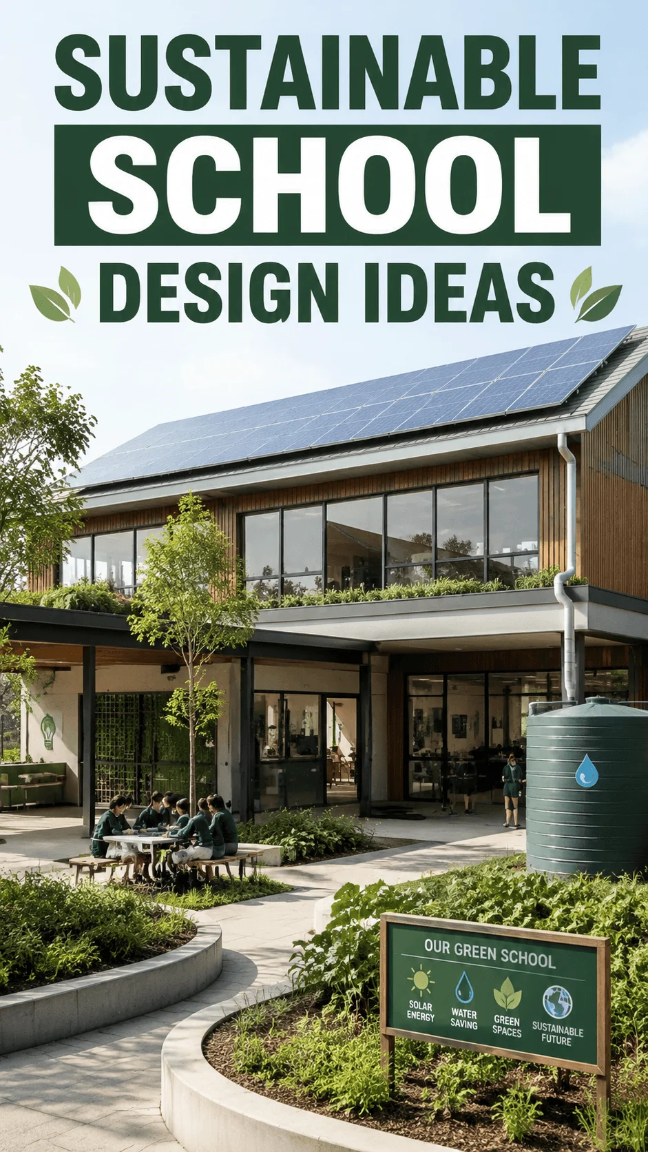 Sustainable school design ideas featuring a modern eco friendly building with solar panels green spaces rainwater collection and outdoor student learning area