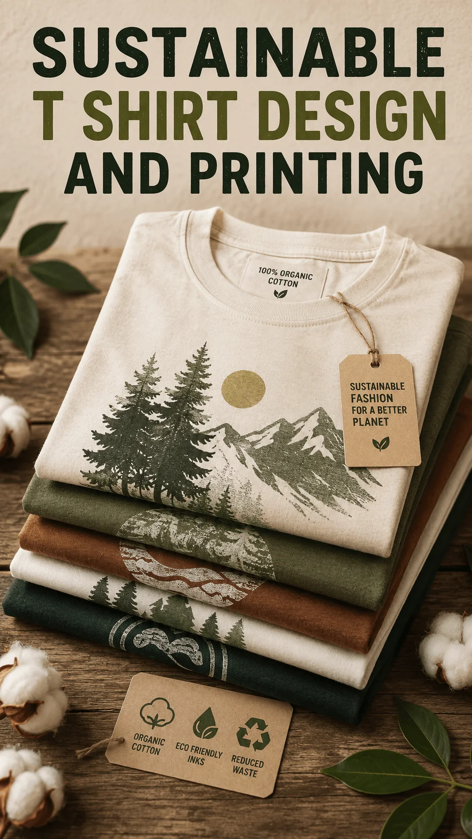 Folded organic cotton sustainable T shirts with nature inspired prints on a rustic wooden table
