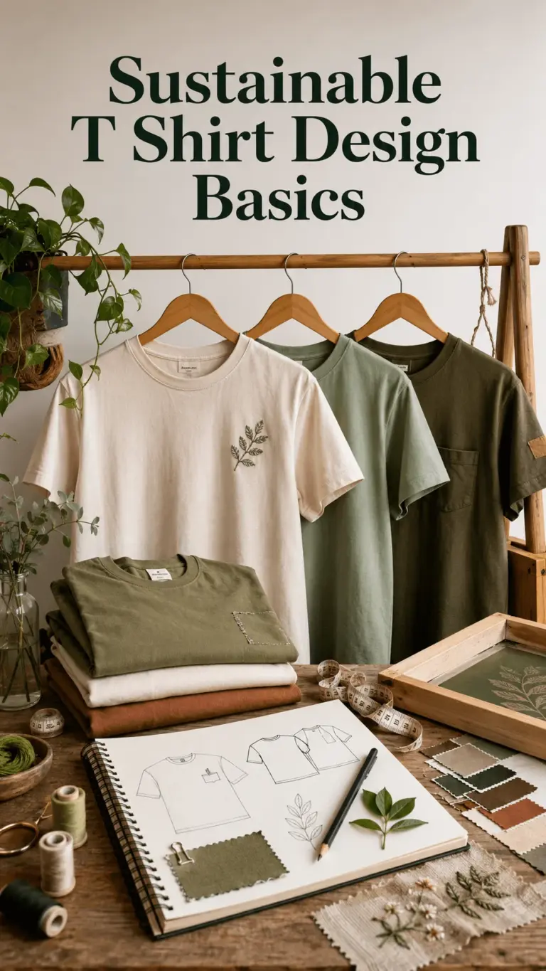 Sustainable T shirt design basics with organic cotton shirts natural fabrics botanical embroidery and eco friendly fashion sketches