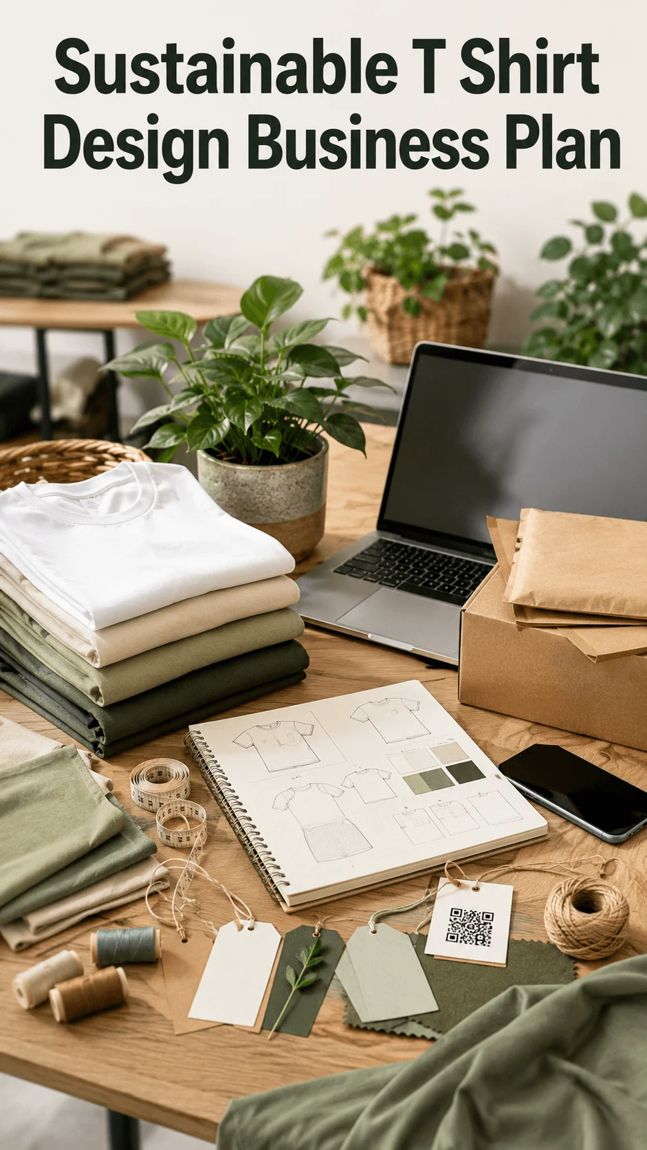 Sustainable T shirt design business plan workspace with organic fabrics laptop packaging plants and fashion sketches