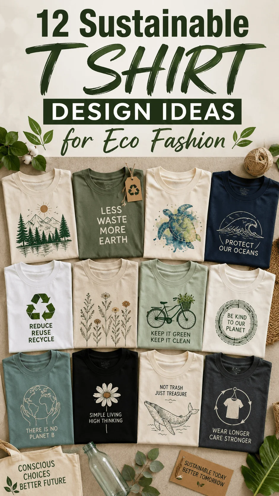 Sustainable t shirt design ideas featuring a collection of eco friendly shirts with nature inspired artwork, recycling symbols, environmental messages, botanical illustrations, ocean themes, and earth tone colors arranged in a modern eco fashion layout with green leaves and natural elements.