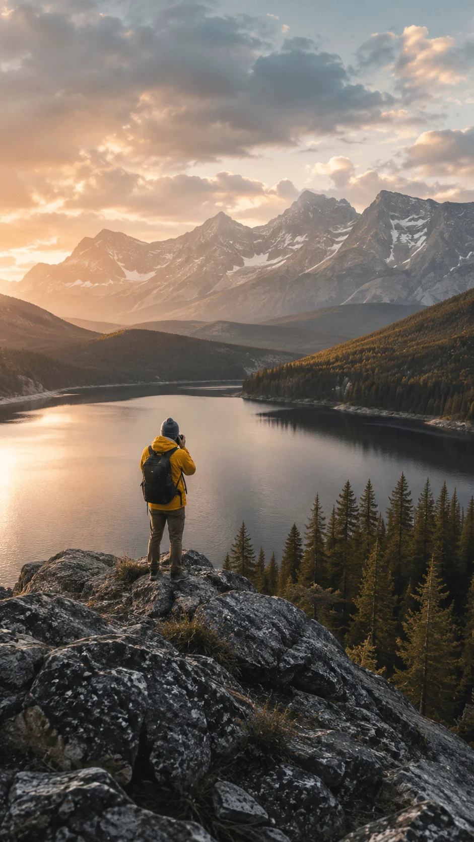 Photographer capturing a mountain lake at sunset from a rocky viewpoint surrounded by evergreen forest