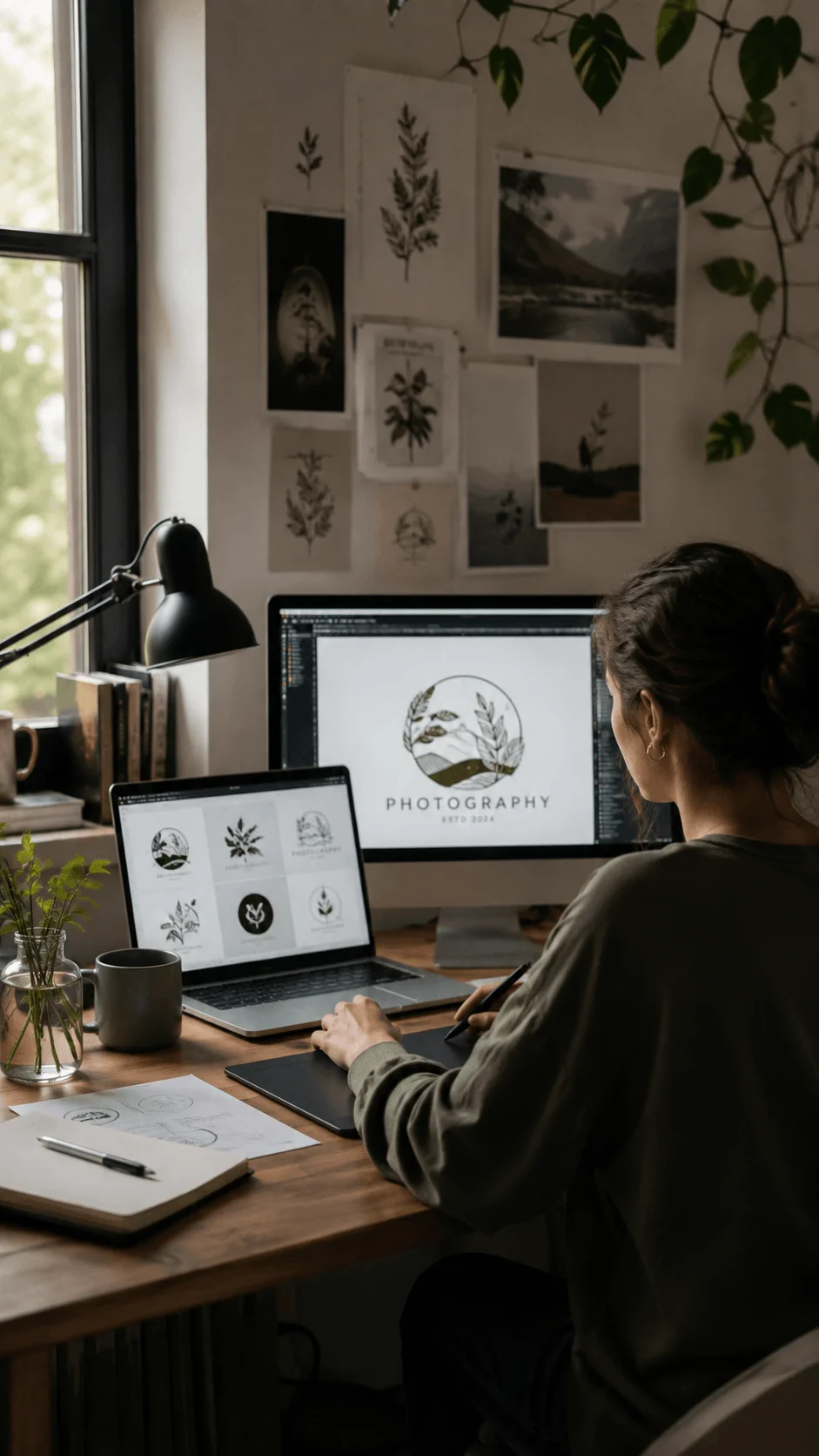 AI assisted organic logo design process showing a designer creating nature inspired photography logos on a computer with sketches, digital concepts, plants, and a creative workspace