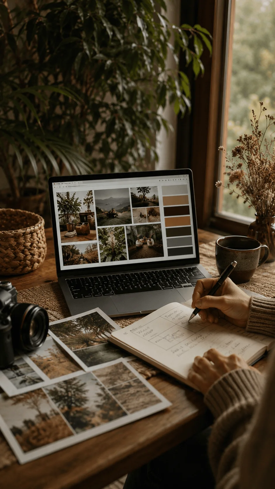 AI assisted photography planning with a laptop displaying a visual mood board and color palette, camera, printed photos, notebook, and natural workspace.