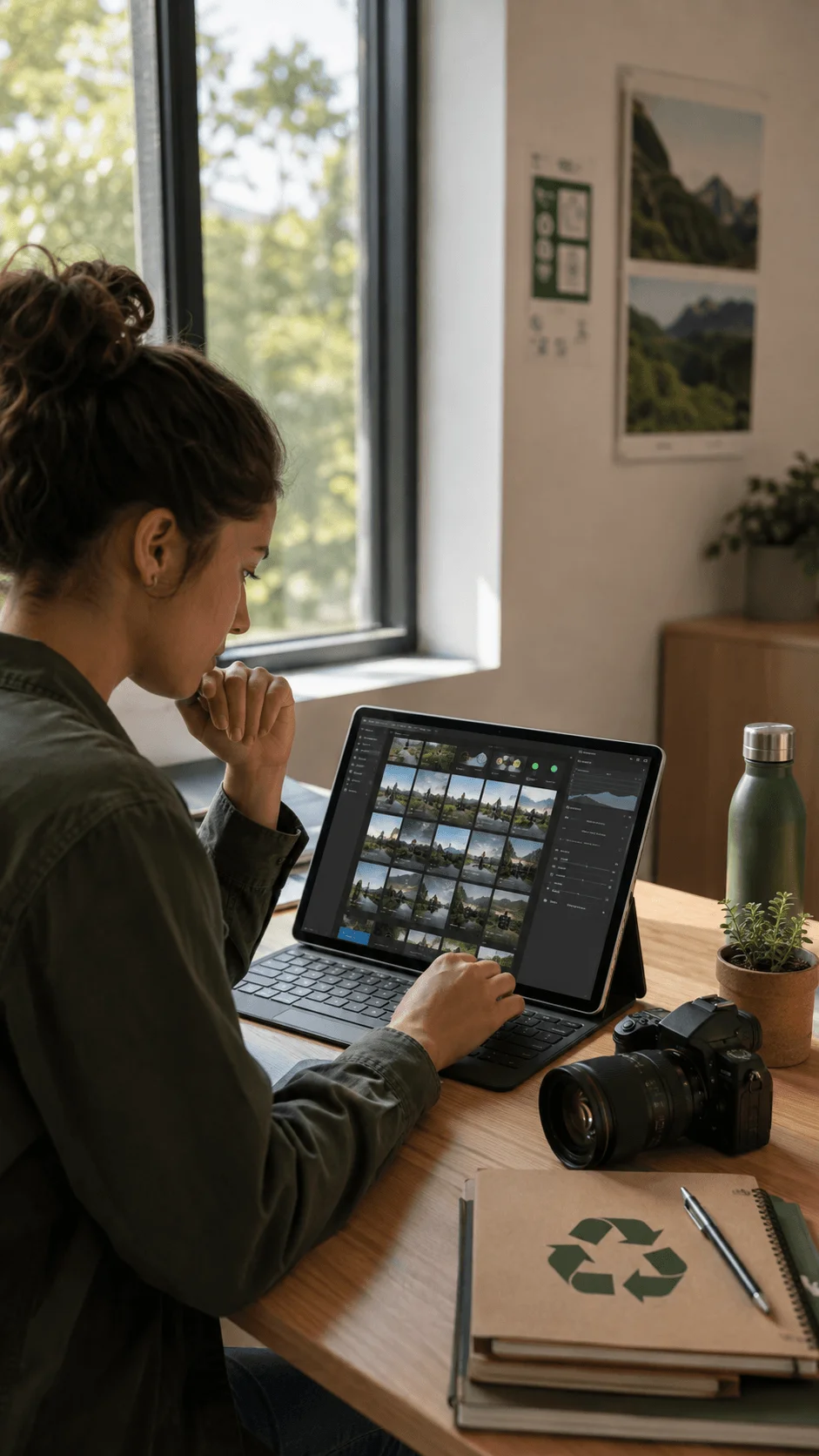 Photographer using AI assisted editing tools on a tablet with camera notebook and sustainable creative workspace setup