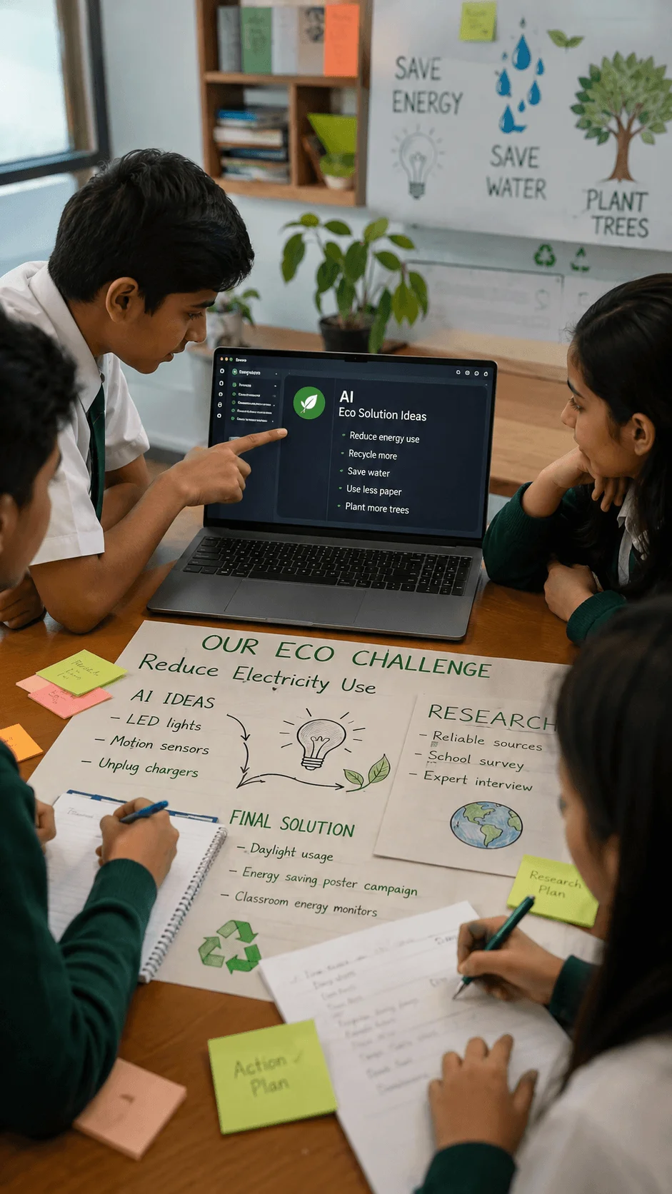 Students using AI to brainstorm eco friendly solutions for reducing electricity use and researching sustainable school ideas