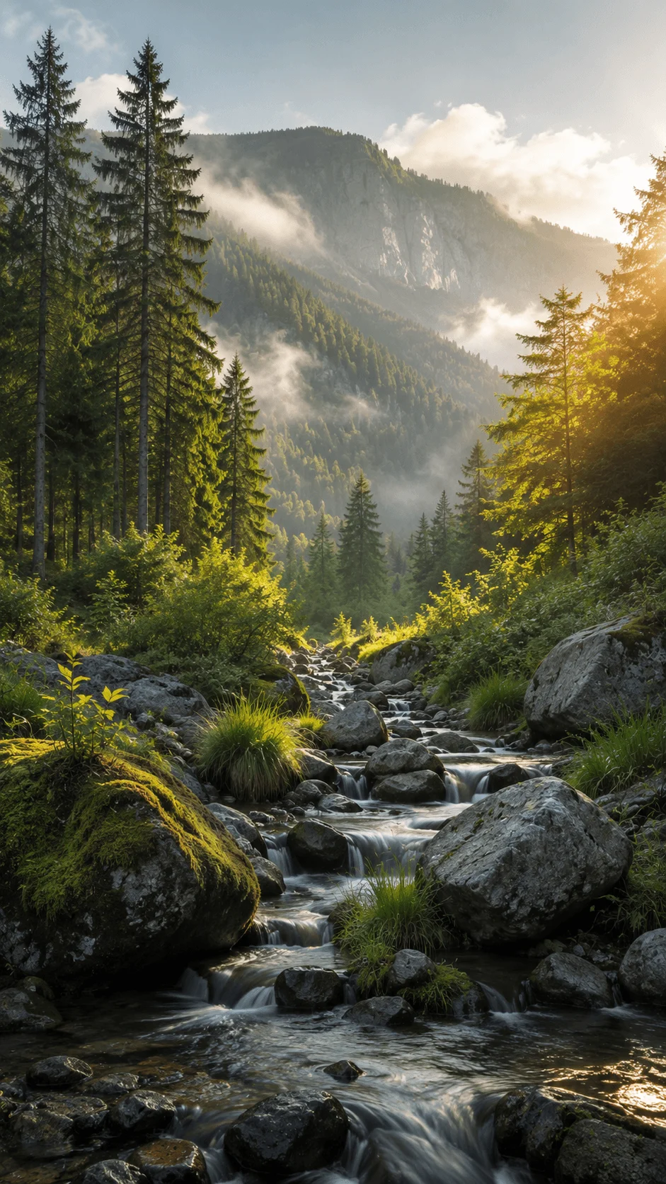 AI enhanced sustainable nature photography featuring a clear mountain stream flowing through a lush evergreen forest with misty peaks and warm sunlight