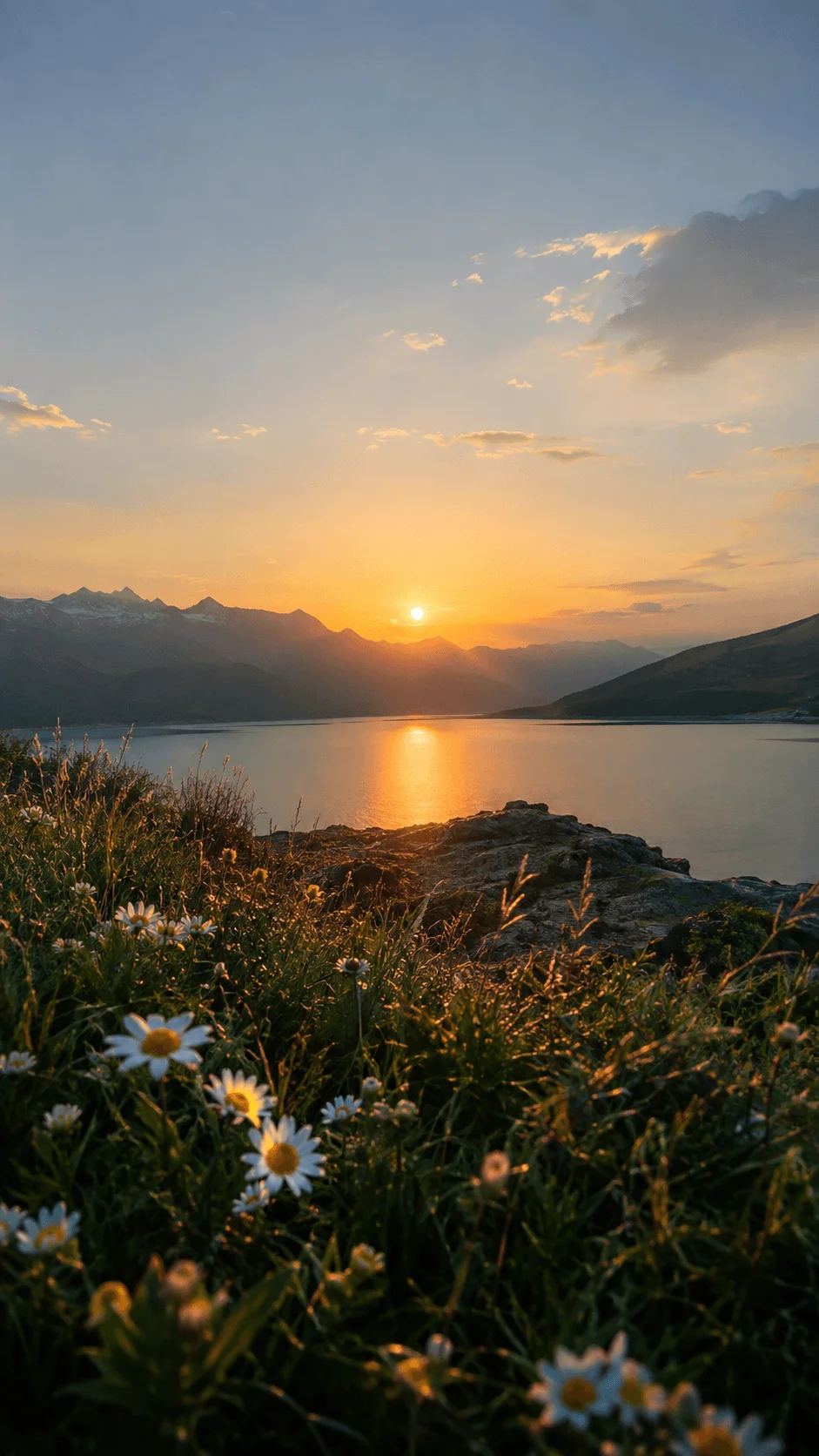 AI nature photography featuring a golden sunset over a peaceful mountain lake with wildflowers and natural color grading