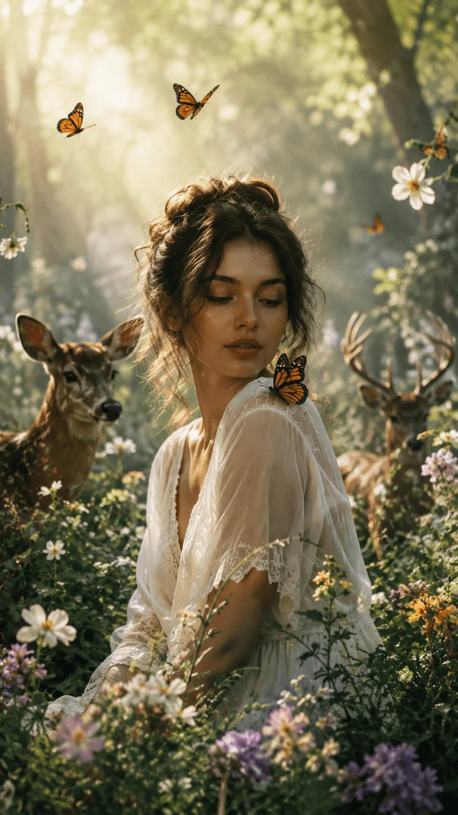 AI nature photography featuring a woman surrounded by wildflowers butterflies and deer in a peaceful sunlit forest