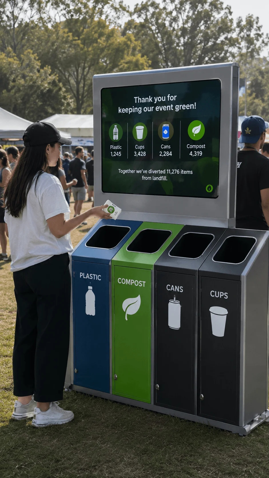 AI powered waste sorting station with separate bins for plastic compost cans and cups at an outdoor eco friendly event