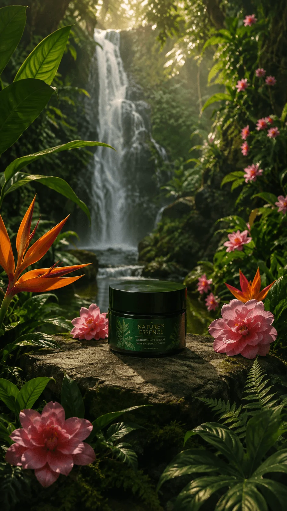 AI sustainable photography featuring a natural skincare cream surrounded by tropical plants colorful flowers and a lush waterfall