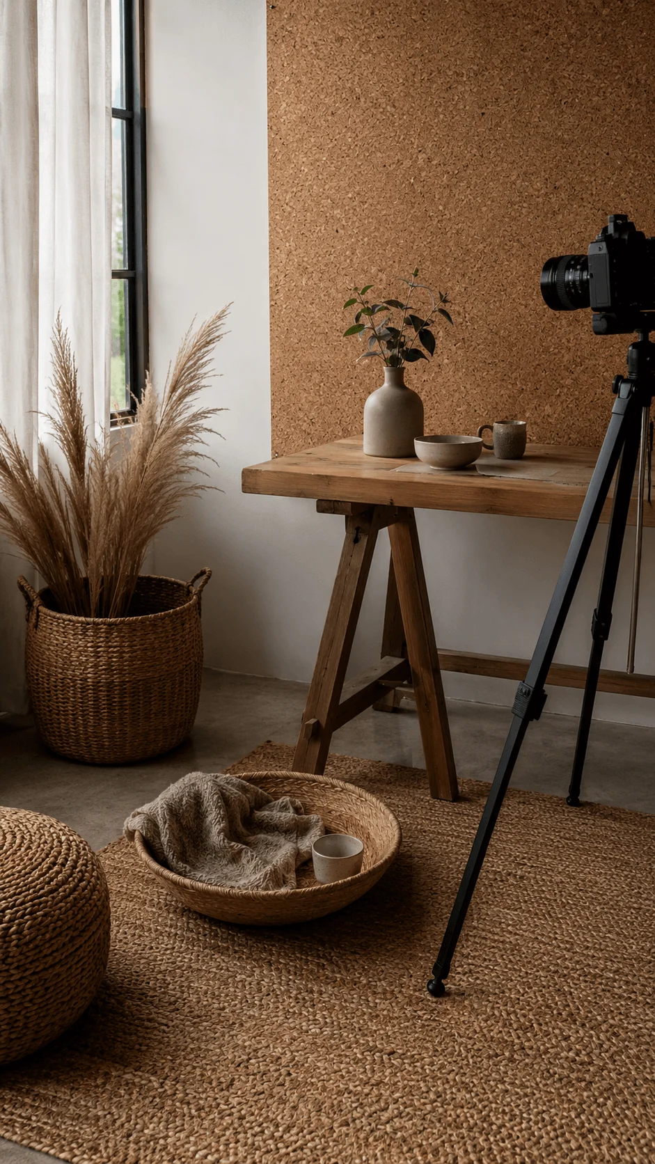 Eco friendly photography studio with cork wall, natural fiber rug, wooden table, woven baskets and camera tripod
