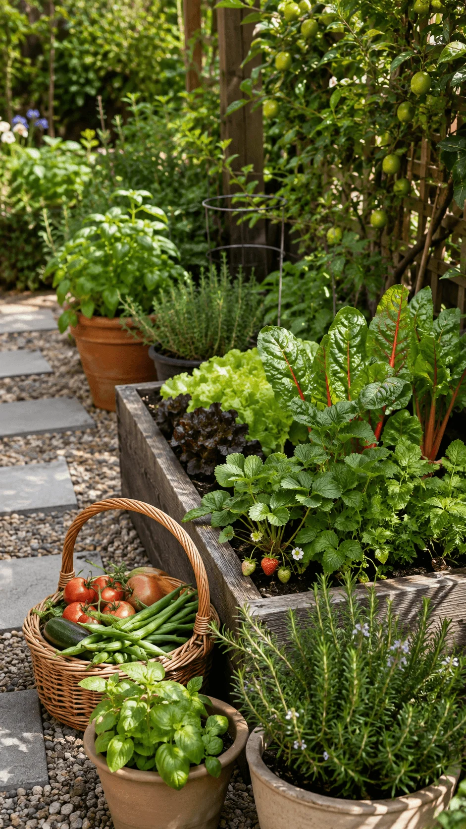 Edible garden with raised vegetable bed lettuce Swiss chard strawberries potted herbs fruit tree and basket of freshly harvested tomatoes and green beans