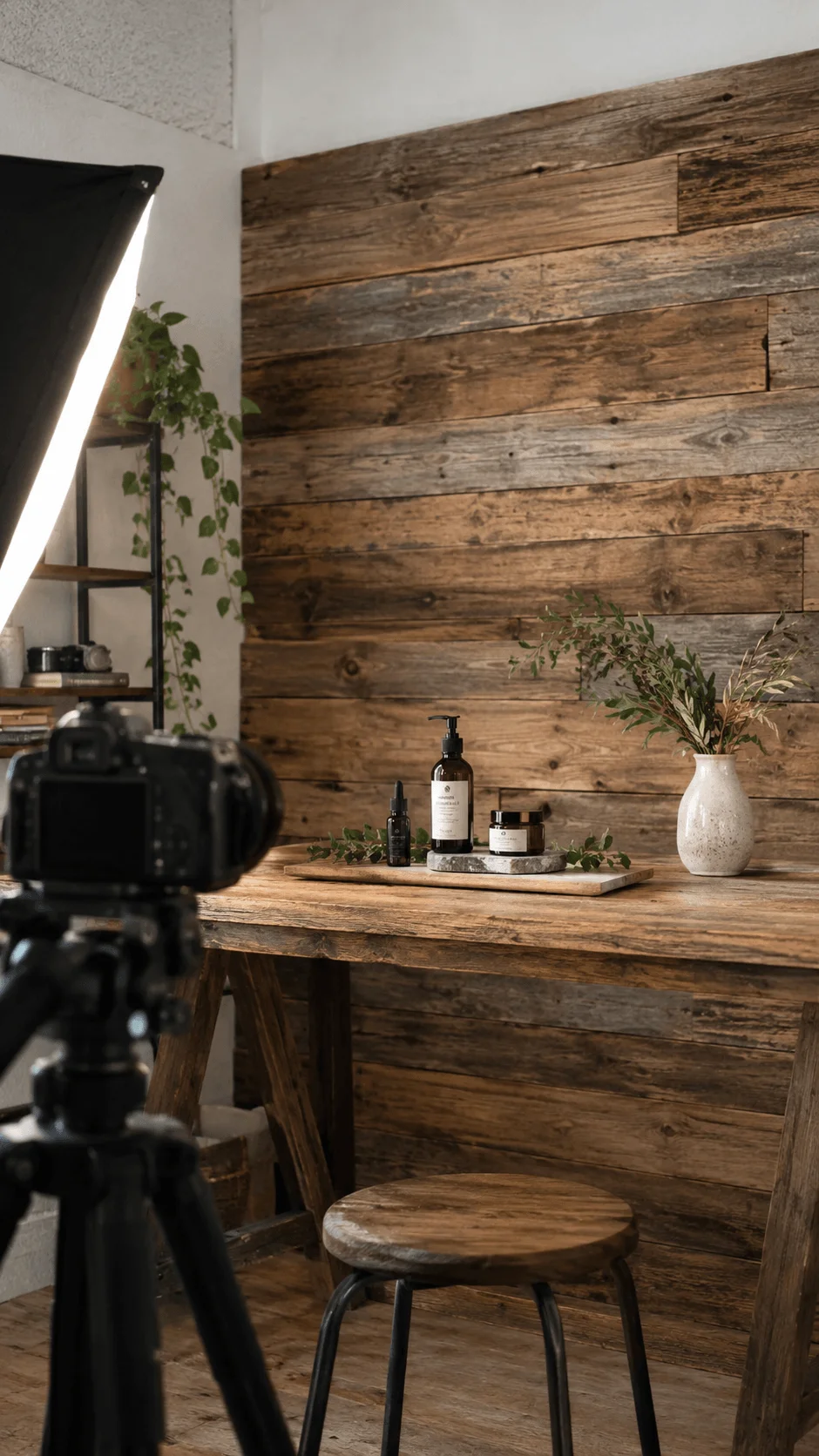 Reclaimed wood photography studio wall with rustic wooden table, camera on tripod, product bottles, greenery and warm natural styling