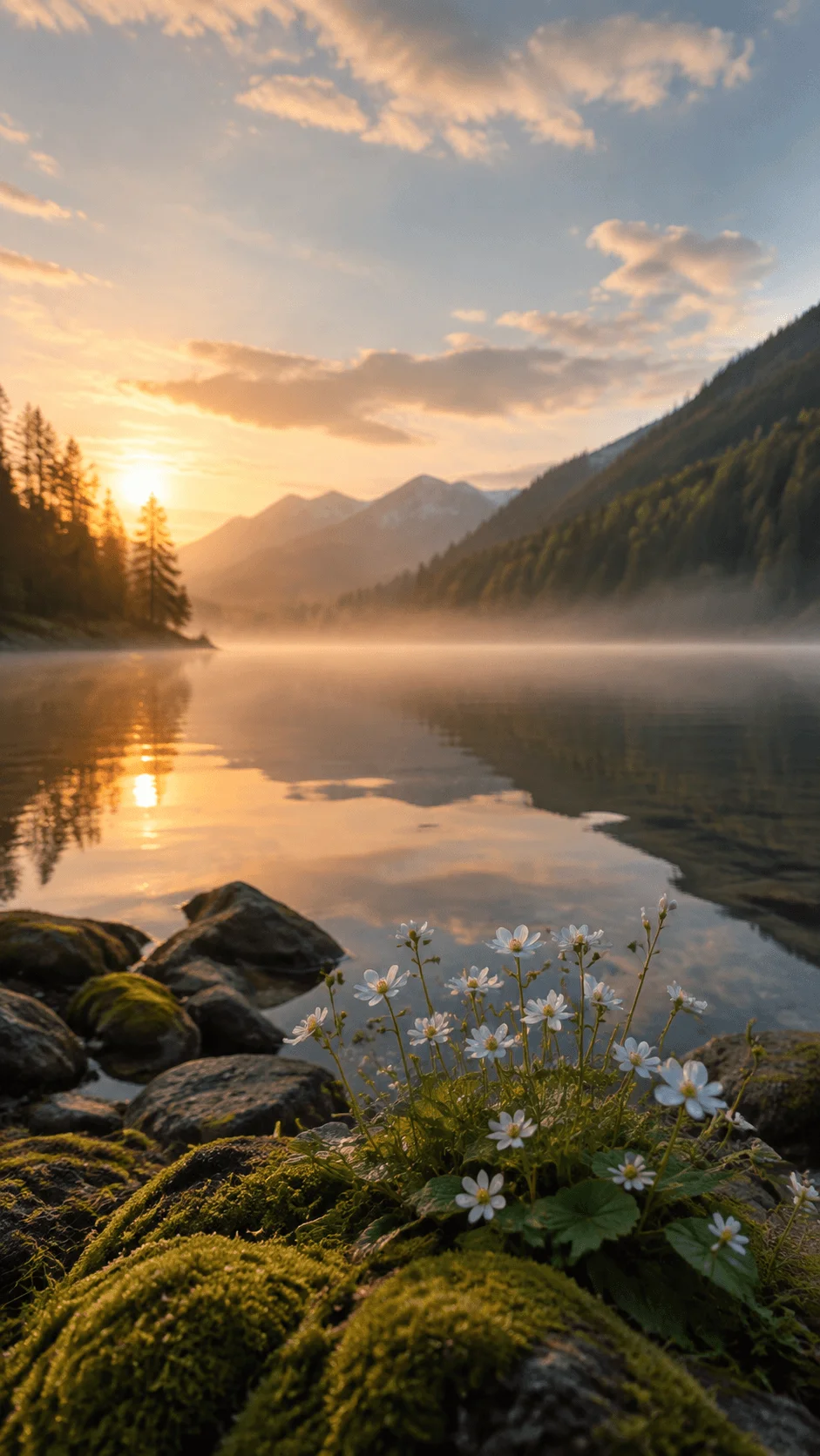 Aesthetic nature photography quotes showing a peaceful mountain lake at sunrise with misty water moss covered rocks and delicate white flowers in a calm natural landscape