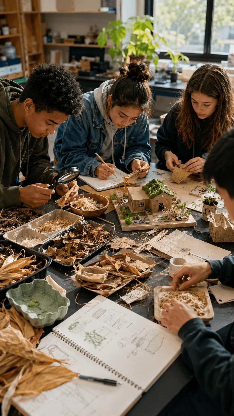 Students exploring agricultural waste innovation by using plant fibers leaves and crop residues to design sustainable materials and eco friendly models
