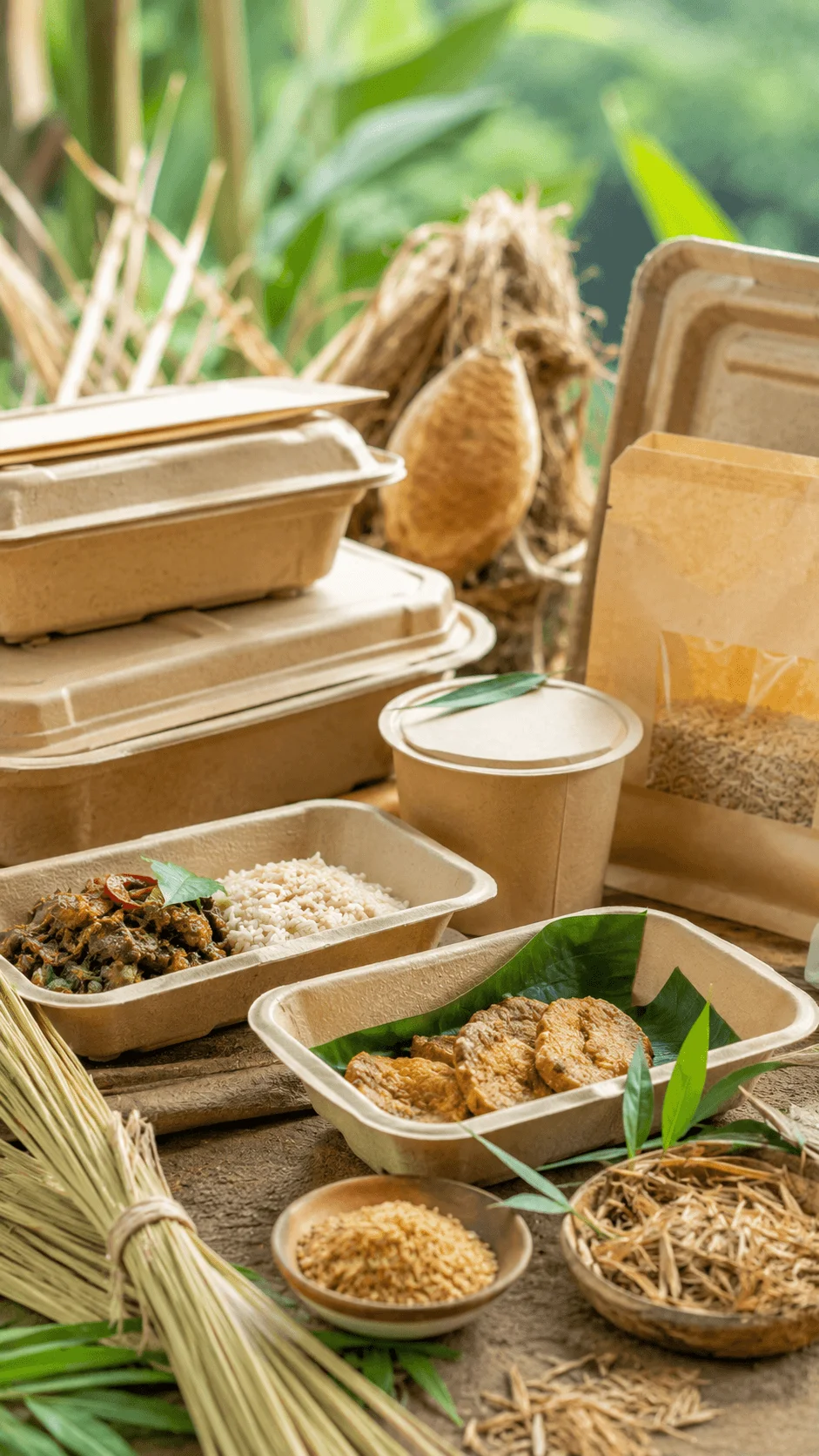 Agricultural waste food packaging made from natural plant fibers with biodegradable trays containers cups and paper pouches