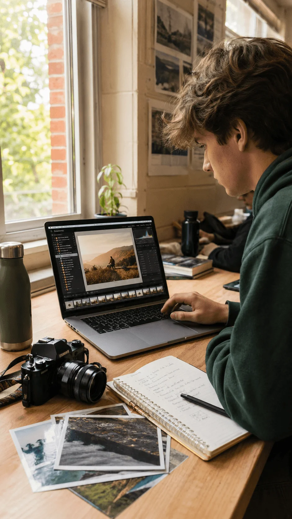 Student editing sustainable photography on a laptop with a camera notebook and printed photos in a natural light workspace