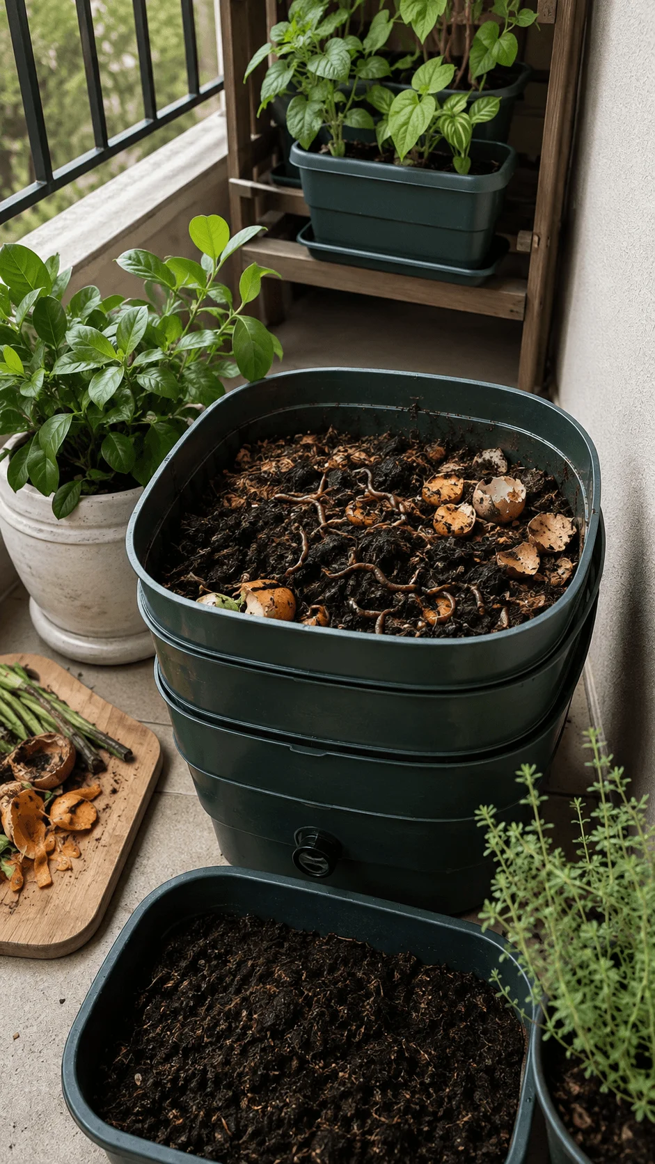 Apartment vermicomposting garden with compost bin kitchen scraps worms rich compost and surrounding potted plants