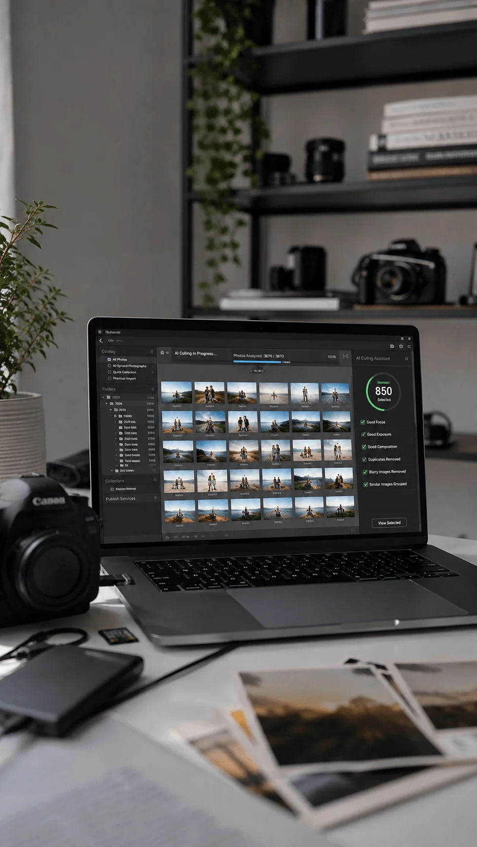 Artificial intelligence photo culling tool displayed on a laptop beside a professional camera in a modern photography workspace