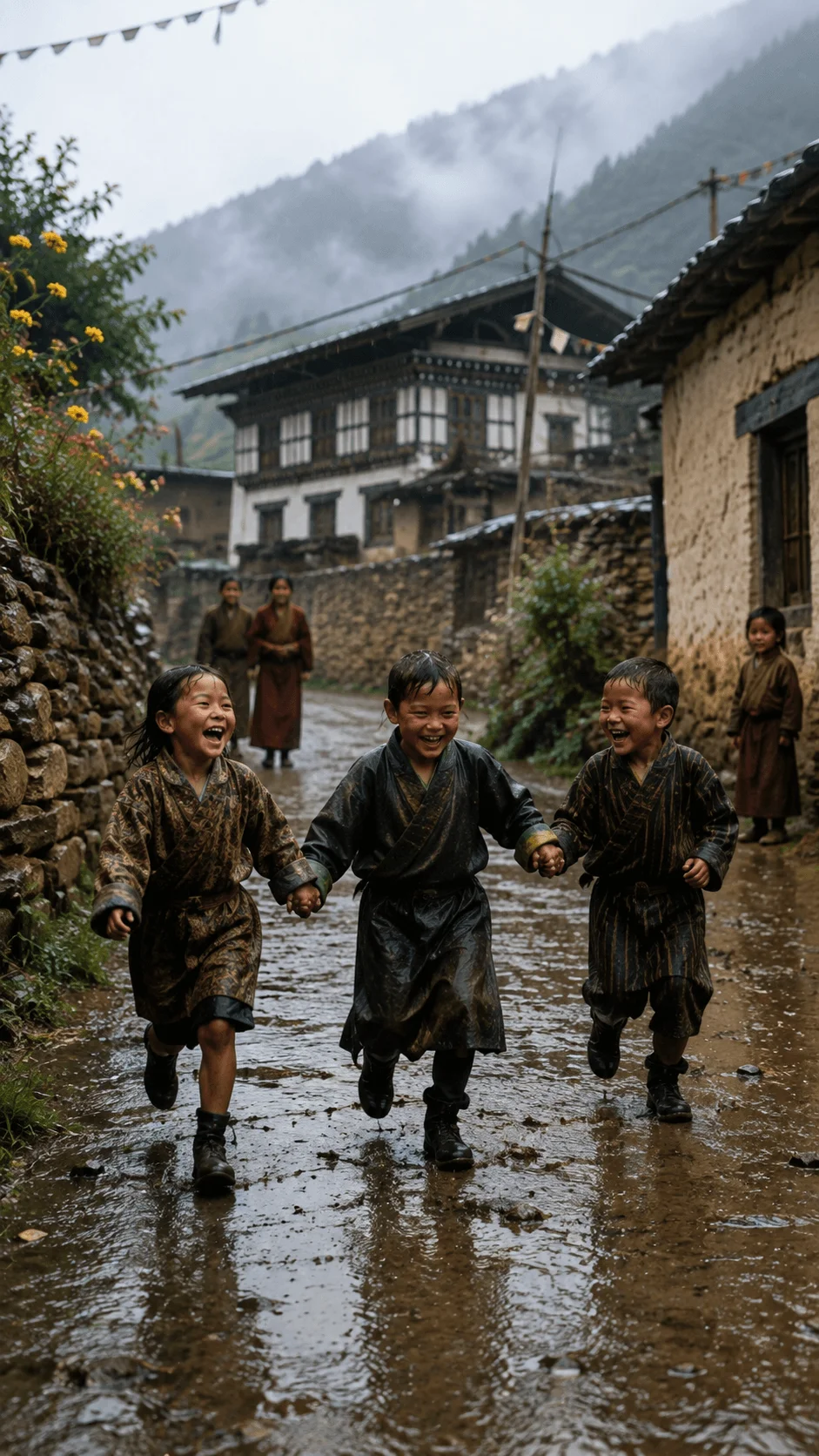 Authentic travel photography showing joyful children running through a rainy village street surrounded by traditional mountain homes